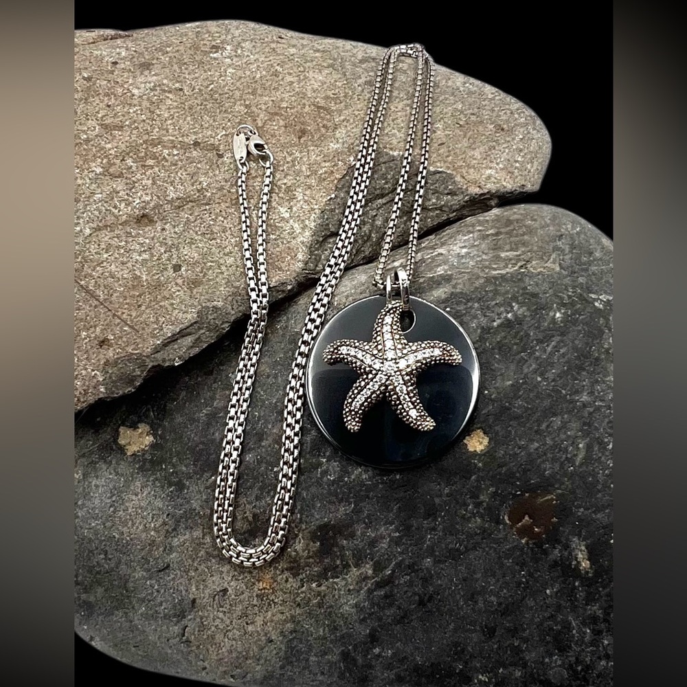 Thomas Sabo Designer Sterling Silver CZ Starfish Hematite Disc Pendant Necklace